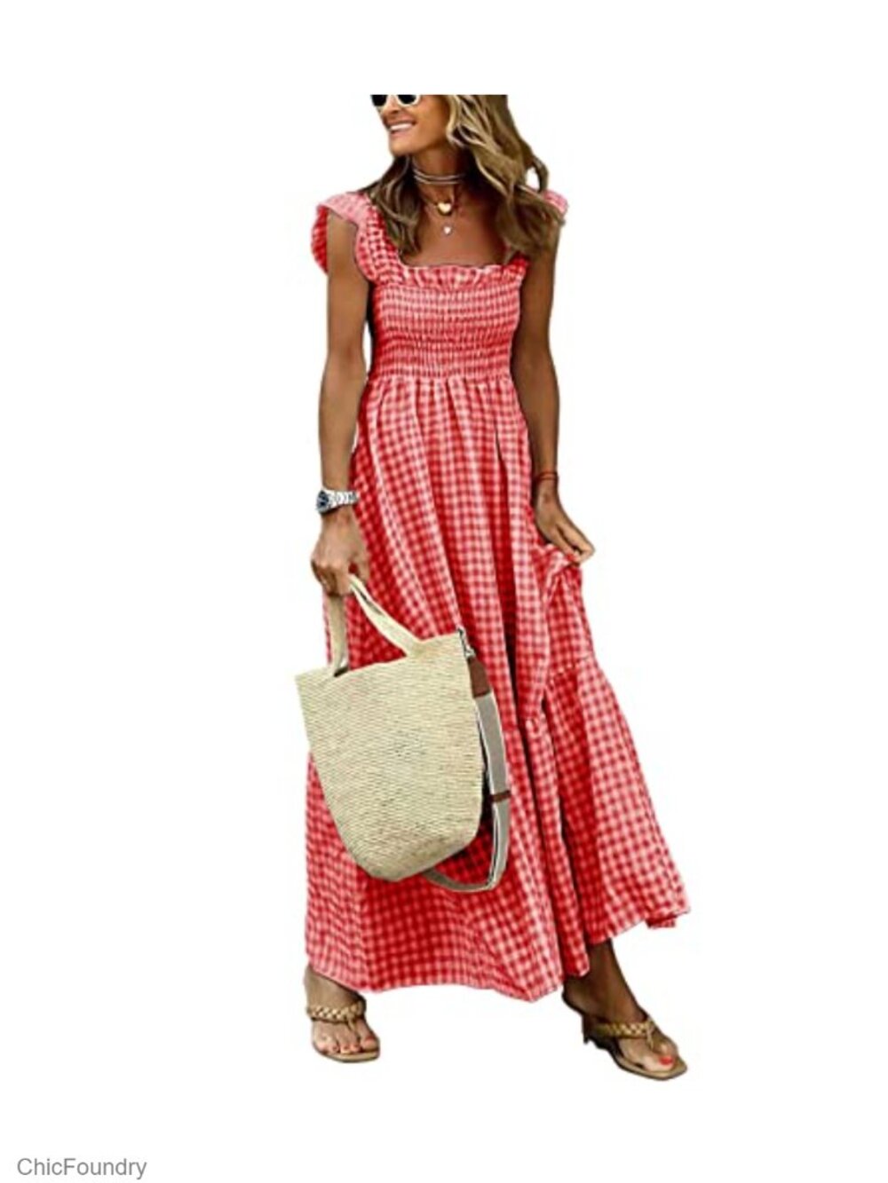 Women's Retro Plaid Smocked Dress Spaghetti Strap Flounce Long A-Line Sleeveless